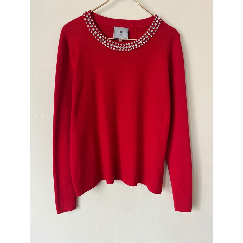 LIV Milano Red Rhinestone Embellished Neckline Crewneck Sweater XL Pullover